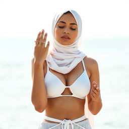 A captivating image of a hijabi woman performing Namaz, wearing a stylish white bikini that combines elements of modesty and modern fashion