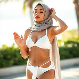 A captivating image of a hijabi woman performing Namaz, wearing a stylish white bikini that combines elements of modesty and modern fashion