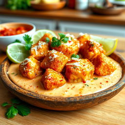 Fried fish cubes served in a creamy coconut milk sauce, enriched with tomato sauce and topped with grated coconut