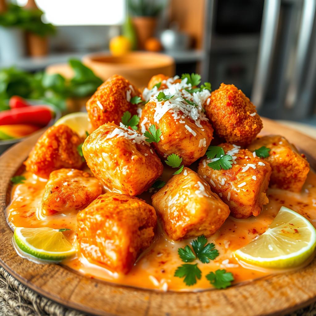 Fried fish cubes served in a creamy coconut milk sauce, enriched with tomato sauce and topped with grated coconut