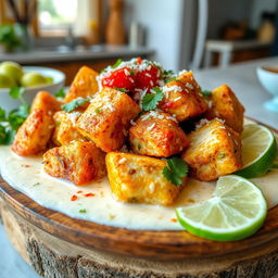 Fried fish cubes served in a creamy coconut milk sauce, enriched with tomato sauce and topped with grated coconut