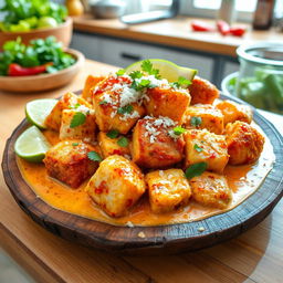 Fried fish cubes served in a creamy coconut milk sauce, enriched with tomato sauce and topped with grated coconut