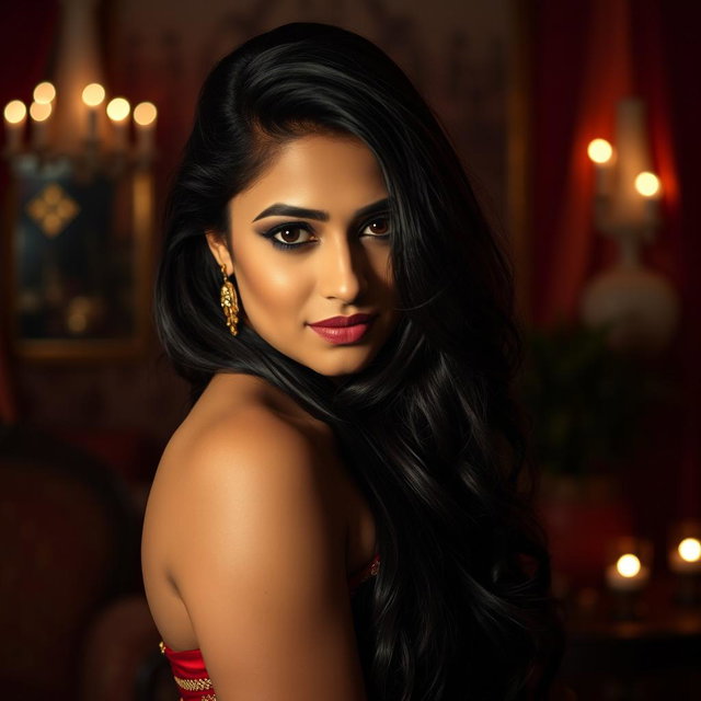 A sensual and intimate scene featuring an attractive Indian woman in a dimly lit, elegantly decorated room