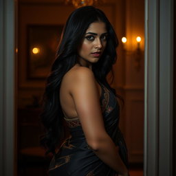 A sensual and intimate scene featuring an attractive Indian woman in a dimly lit, elegantly decorated room