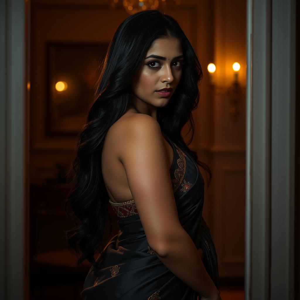 A sensual and intimate scene featuring an attractive Indian woman in a dimly lit, elegantly decorated room