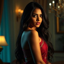 A sensual and intimate scene featuring an attractive Indian woman in a dimly lit, elegantly decorated room