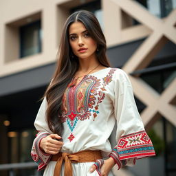 An elegant modern Ukrainian woman, around 30 years old, wearing a chic outfit that blends traditional Ukrainian elements with contemporary fashion