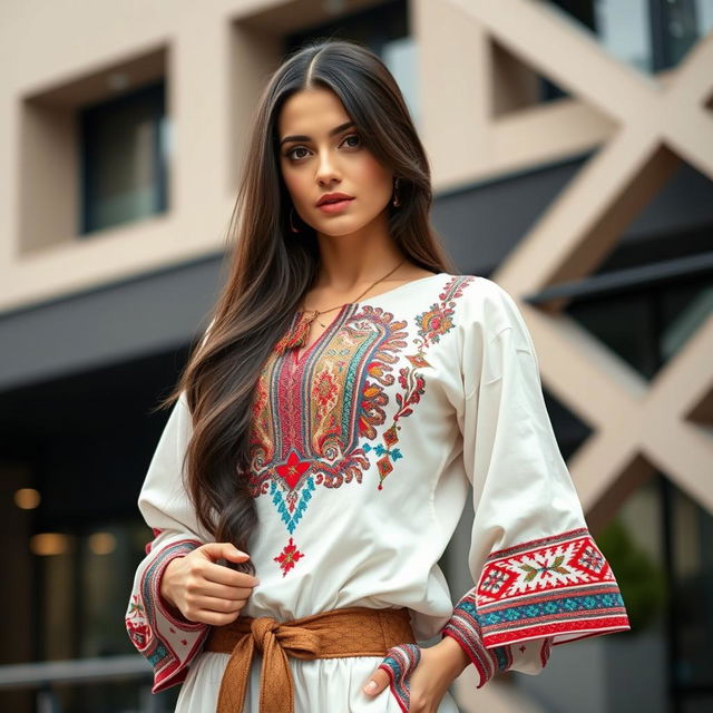 An elegant modern Ukrainian woman, around 30 years old, wearing a chic outfit that blends traditional Ukrainian elements with contemporary fashion