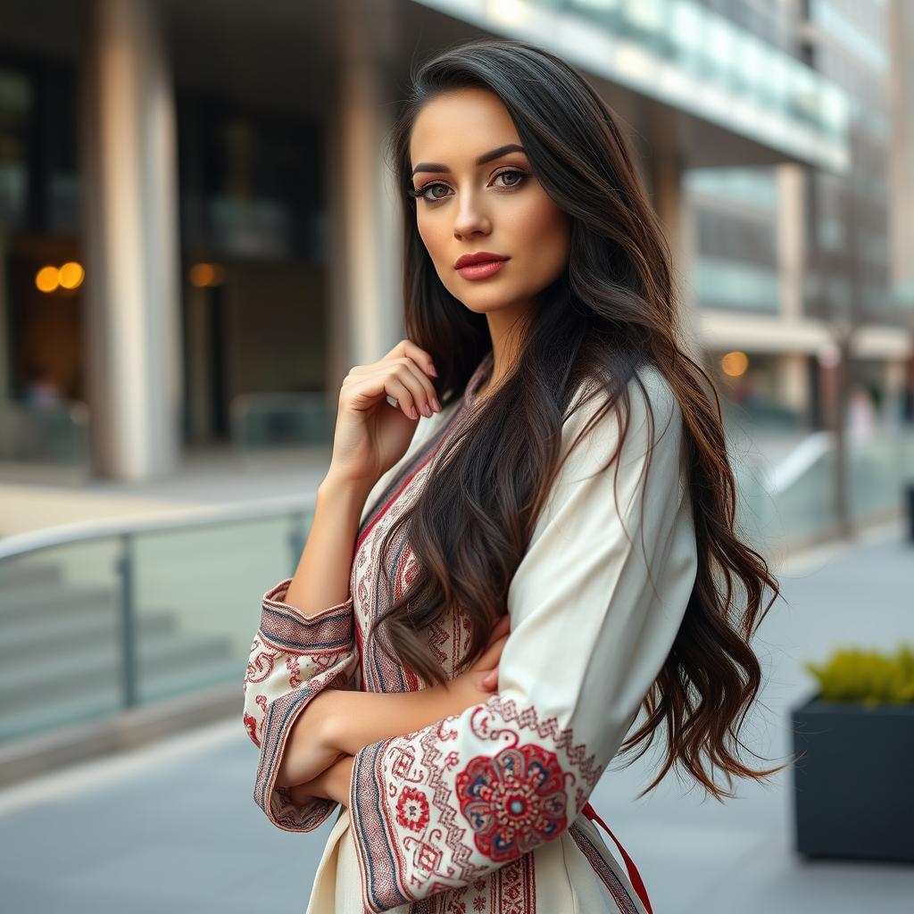 An elegant modern Ukrainian woman, around 30 years old, wearing a chic outfit that blends traditional Ukrainian elements with contemporary fashion