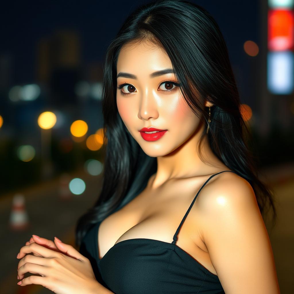A beautiful Korean woman with large breasts, exuding confidence and allure