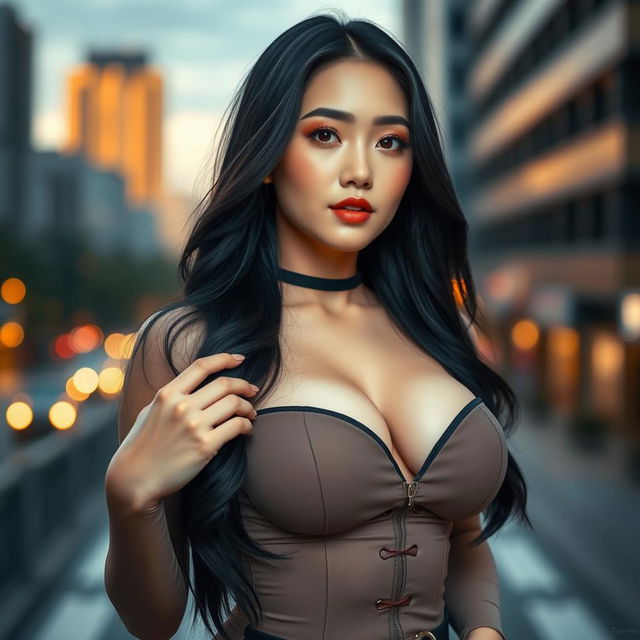 A beautiful Korean woman with large breasts, exuding confidence and allure