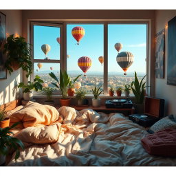 A cozy lo-fi bedroom scene filled with soft lighting and a relaxed atmosphere, featuring artfully arranged plants and bohemian decor
