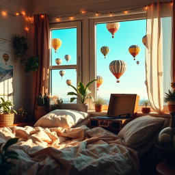 A cozy lo-fi bedroom scene filled with soft lighting and a relaxed atmosphere, featuring artfully arranged plants and bohemian decor