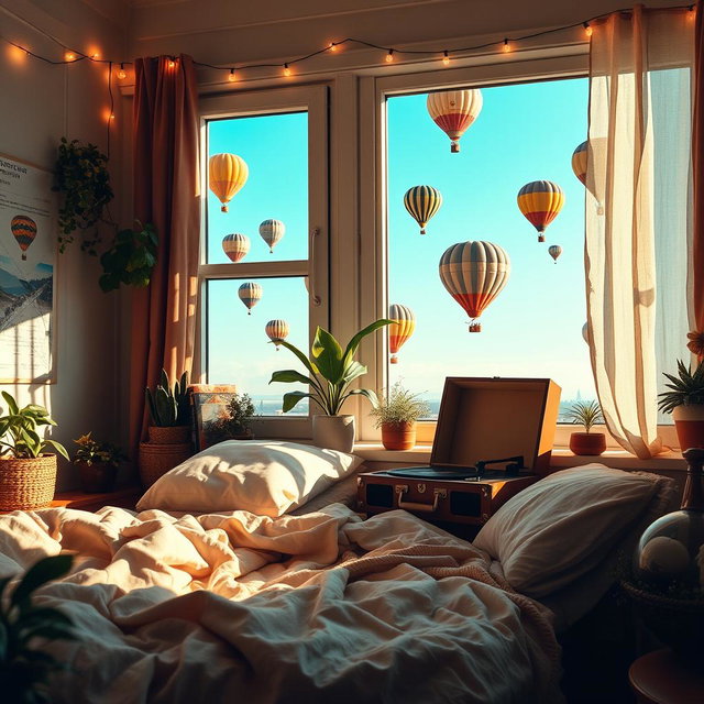 A cozy lo-fi bedroom scene filled with soft lighting and a relaxed atmosphere, featuring artfully arranged plants and bohemian decor