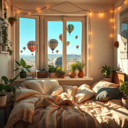A cozy lo-fi bedroom scene filled with soft lighting and a relaxed atmosphere, featuring artfully arranged plants and bohemian decor