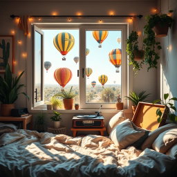 A cozy lo-fi bedroom scene filled with soft lighting and a relaxed atmosphere, featuring artfully arranged plants and bohemian decor