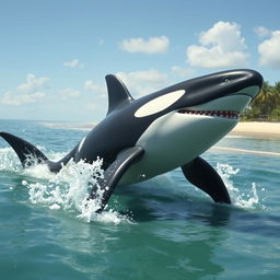 A unique creature that is a hybrid between an adult male orca, a whale shark, and a megalodon