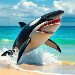 A unique creature that is a hybrid between an adult male orca, a whale shark, and a megalodon