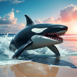 A unique creature that is a hybrid between an adult male orca, a whale shark, and a megalodon