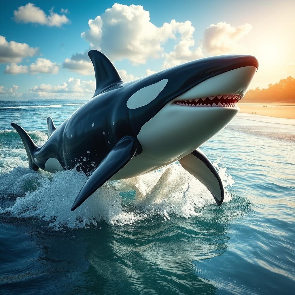 A unique creature that is a hybrid between an adult male orca, a whale shark, and a megalodon