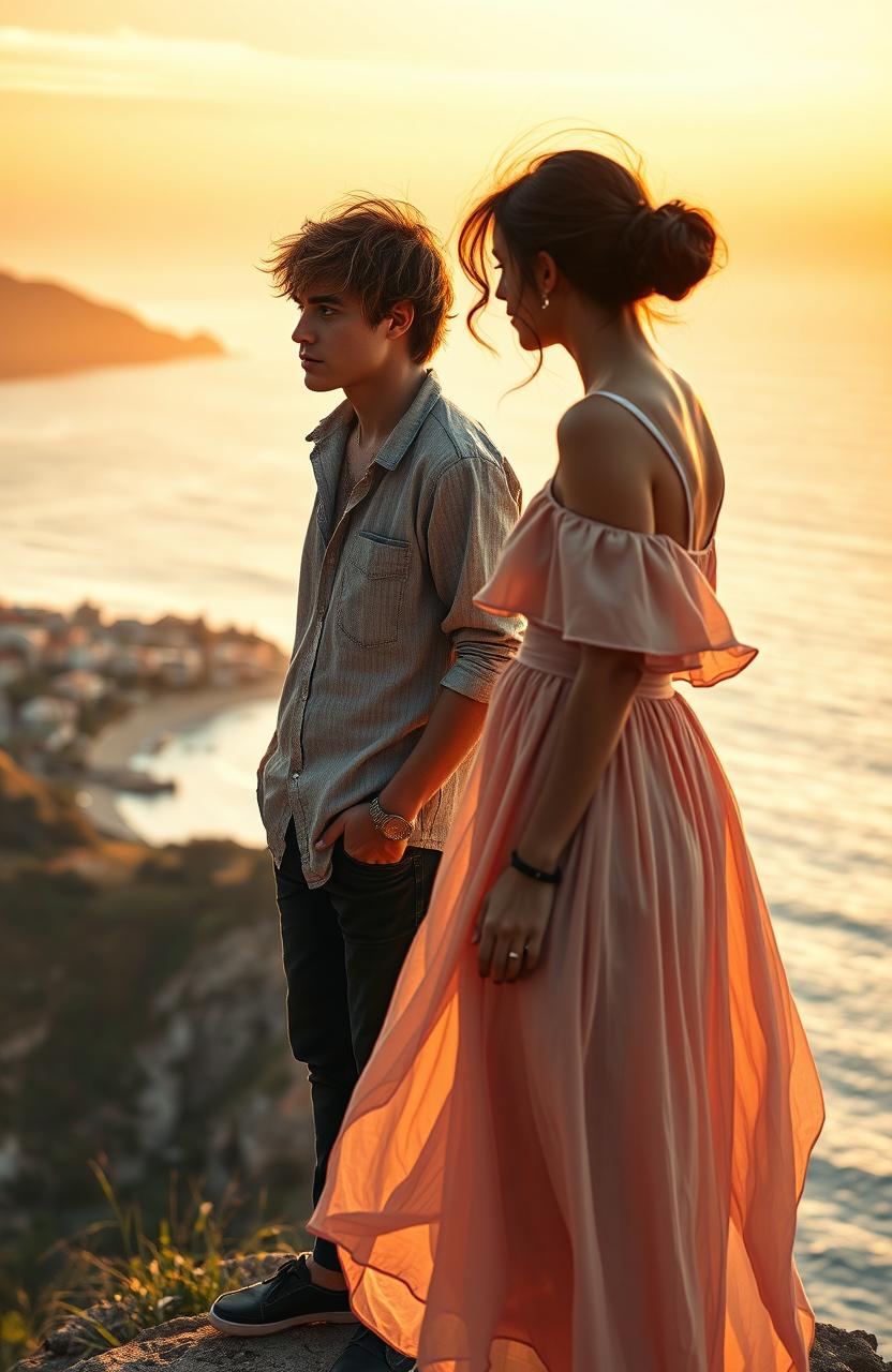 A dramatic scene depicting a young man torn between his feelings for a girl he had a summer fling with and her best friend, with whom he is now engaged