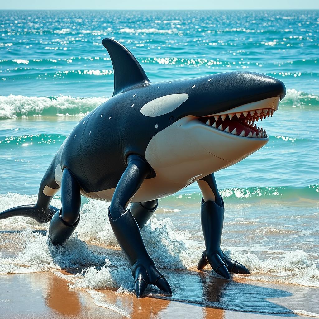 A fantastical creature that is a blend of an adult male orca, a whale shark, and a megalodon