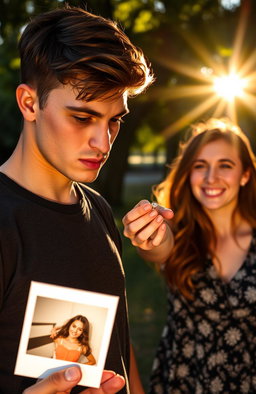 A dramatic scene depicting a young man standing in a park, looking contemplative and conflicted