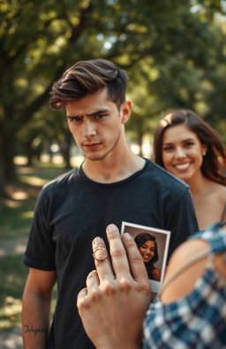 A dramatic scene depicting a young man standing in a park, looking contemplative and conflicted