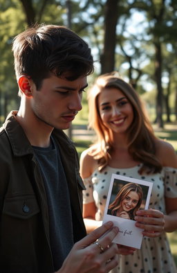 A dramatic scene depicting a young man standing in a park, looking contemplative and conflicted