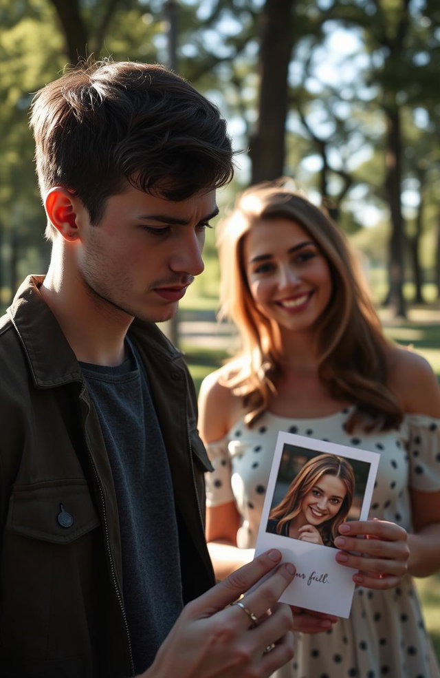 A dramatic scene depicting a young man standing in a park, looking contemplative and conflicted