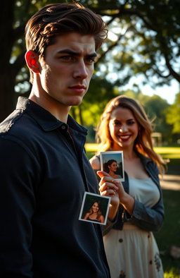 A dramatic scene depicting a young man standing in a park, looking contemplative and conflicted