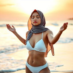 A tranquil and inspirational scene showcasing a young woman in a bright white bikini, complemented by a stylish hijab