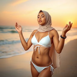 A tranquil and inspirational scene showcasing a young woman in a bright white bikini, complemented by a stylish hijab