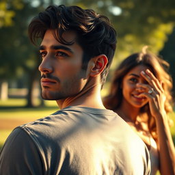 A dramatic and emotional scene featuring an Italian man with dark hair and a thoughtful expression, standing in a sunlit park, reflecting on his past