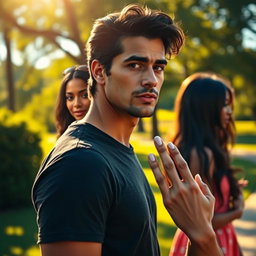 A dramatic and emotional scene featuring an Italian man with dark hair and a thoughtful expression, standing in a sunlit park, reflecting on his past