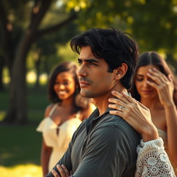 A dramatic and emotional scene featuring an Italian man with dark hair and a thoughtful expression, standing in a sunlit park, reflecting on his past