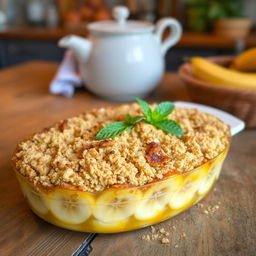 A delicious and beautifully presented Gratin de Banane, featuring ripe bananas layered in a dish, topped with a golden-brown crispy crust made of breadcrumbs and sugar, lightly caramelized, sprinkled with a hint of vanilla and cinnamon