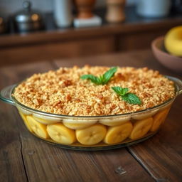 A delicious and beautifully presented Gratin de Banane, featuring ripe bananas layered in a dish, topped with a golden-brown crispy crust made of breadcrumbs and sugar, lightly caramelized, sprinkled with a hint of vanilla and cinnamon