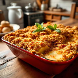 A delicious and beautifully presented Gratin de Banane, featuring ripe bananas layered in a dish, topped with a golden-brown crispy crust made of breadcrumbs and sugar, lightly caramelized, sprinkled with a hint of vanilla and cinnamon