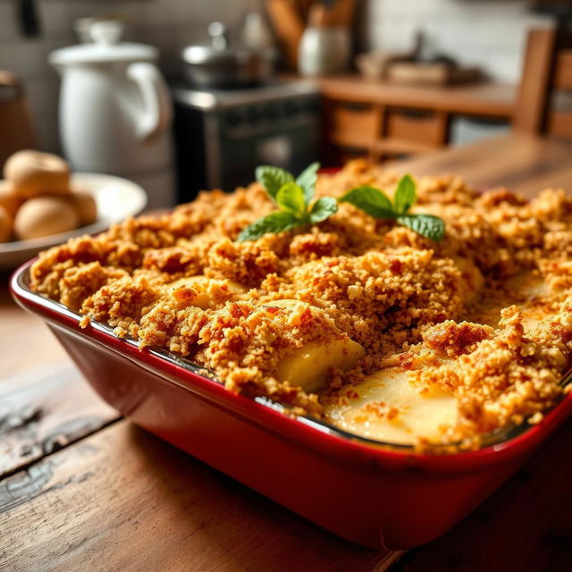 A delicious and beautifully presented Gratin de Banane, featuring ripe bananas layered in a dish, topped with a golden-brown crispy crust made of breadcrumbs and sugar, lightly caramelized, sprinkled with a hint of vanilla and cinnamon