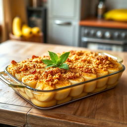 A delicious and beautifully presented Gratin de Banane, featuring ripe bananas layered in a dish, topped with a golden-brown crispy crust made of breadcrumbs and sugar, lightly caramelized, sprinkled with a hint of vanilla and cinnamon