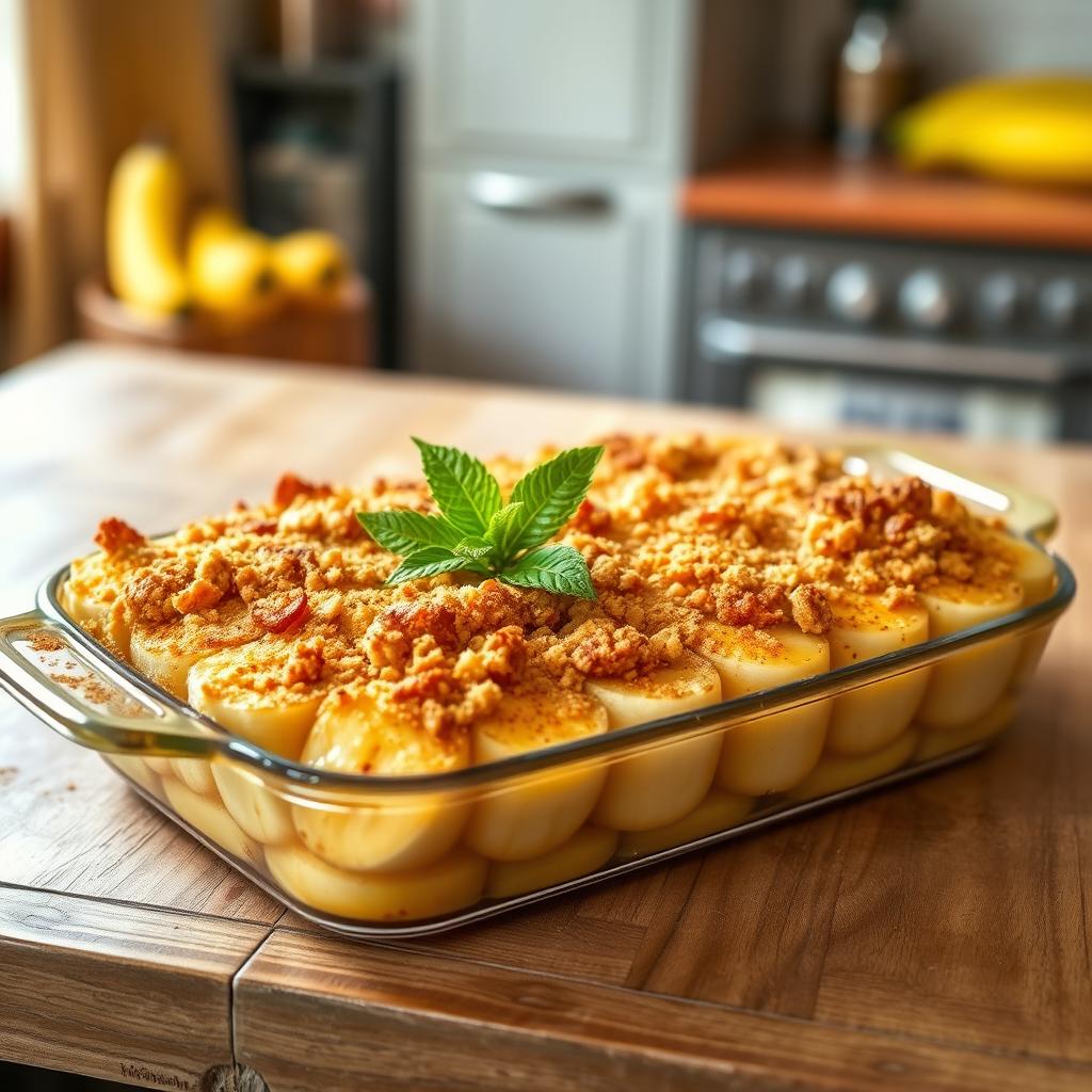 A delicious and beautifully presented Gratin de Banane, featuring ripe bananas layered in a dish, topped with a golden-brown crispy crust made of breadcrumbs and sugar, lightly caramelized, sprinkled with a hint of vanilla and cinnamon