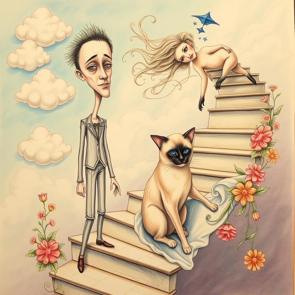 A surrealistic drawing featuring a man and a woman, a small dog, a Siamese cat, and a staircase, all set in an dreamlike atmosphere