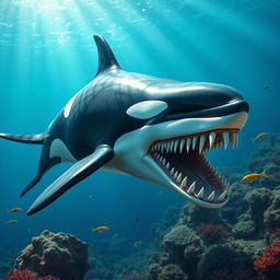 An imaginative hybrid creature that combines features of an adult male orca and a megalodon