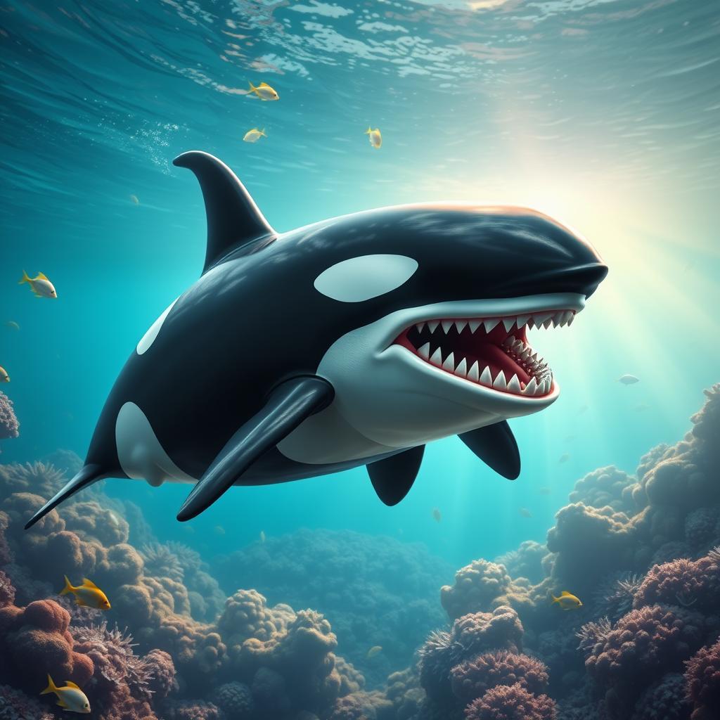 An imaginative hybrid creature that combines features of an adult male orca and a megalodon