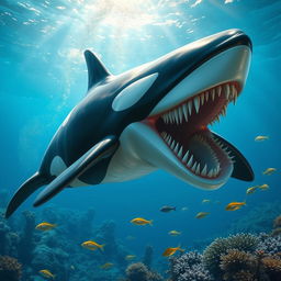 An imaginative hybrid creature that combines features of an adult male orca and a megalodon