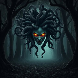 A striking portrayal of Medusa with her hair composed of poisonous snakes, each snake vivid and menacing