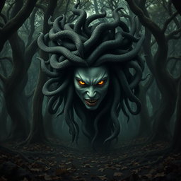 A striking portrayal of Medusa with her hair composed of poisonous snakes, each snake vivid and menacing