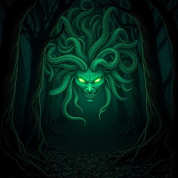 A striking portrayal of Medusa with her hair composed of poisonous snakes, each snake vivid and menacing