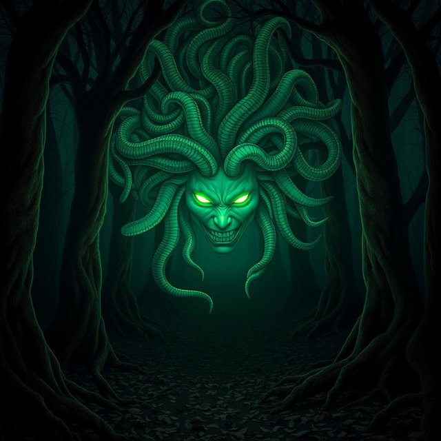 A striking portrayal of Medusa with her hair composed of poisonous snakes, each snake vivid and menacing